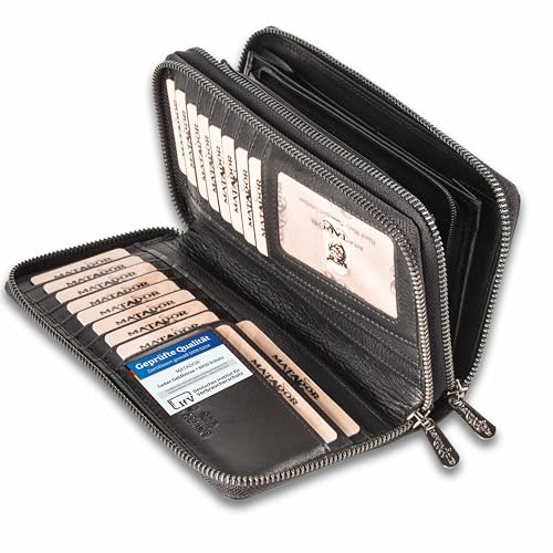 MATADOR Portemonnaie Damen Schwarz #Madrid mit Edle Geschenk Box, Eleganter Geldbeutel Leder mit RFID, Geldbörse Damen Gross, Luxus Frauen Geschenk mit Viele Kartenfächer von MATADOR