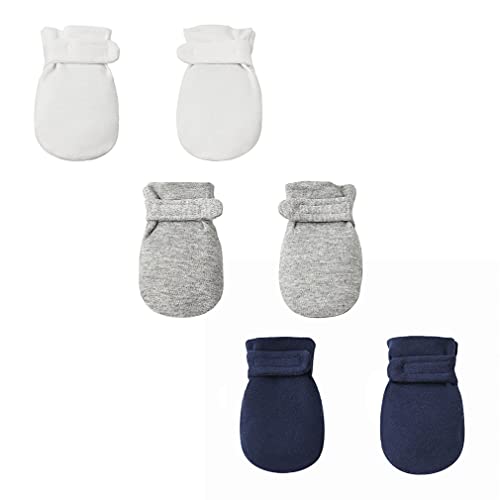 Prapiroon Fäustlinge für Neugeborene, keine Kratzer, bleiben an, 100% Baumwolle, atmungsaktiv, verstellbare Säuglingshandschuhe für Babys, Jungen und Mädchen (Weiß/Grau/Marine, 0-3 Monate) von Prapiroon