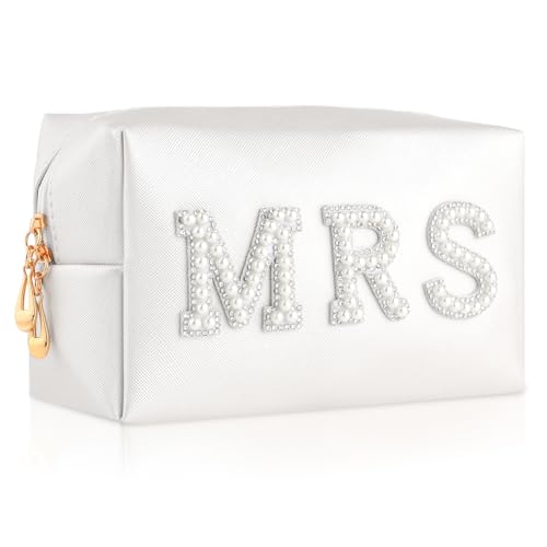 Prasacco Make-up-Tasche, MRS Perle Buchstaben Make up Bride Tasche Reise Kosmetiktasche aus PU-Leder Tragbare Schminktasche für Frauen Mädchen, Brautjungfer, Geschenke für Brautparty, Hochzeit von Prasacco