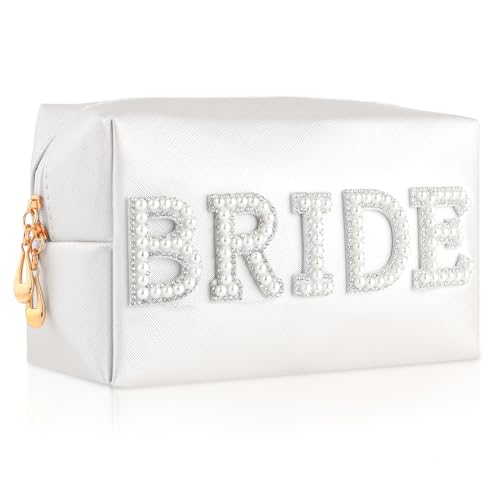 Prasacco Make-up-Tasche, Bride Perle Buchstaben Make up Tasche Reise Kosmetiktasche aus PU-Leder Tragbare Schminktasche für Frauen Mädchen, Brautjungfer, Geschenke für Brautparty, Hochzeit von Prasacco