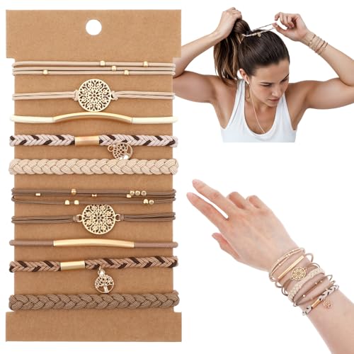 Prasacco 10 Stück Haargummi Damen, Haargummi Armbänder für Damen Elastische Geflochtene Haargummis für Mädchen Boho Haargummis Geflochtener Zopfgummi mit Perlen Pferdeschwanz fur Langes Haar von Prasacco