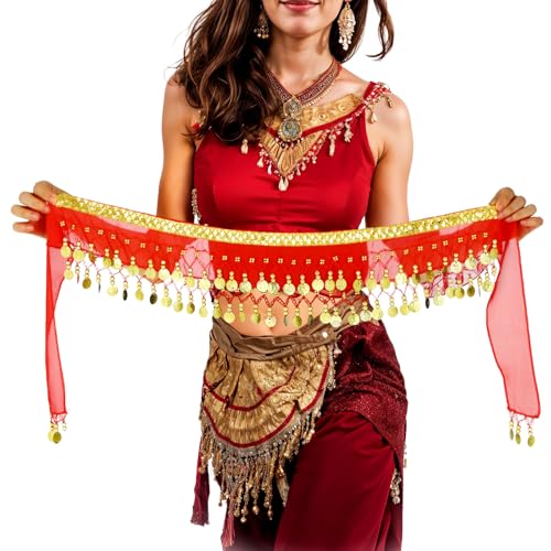 Prasacco Damen Bauchtanz Hüfttuch, 1 Stück Chiffon Bauchtanz Gürtel 160 x 15 cm Gürtel Röcke mit Münze und Pailletten für Partys, Feiern, Tänze, Bühnenauftritte(Rot) von Prasacco