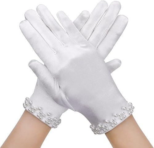 Prasacco Satin Handschuhe, Kurze SatinHandschuhe Weiße Handschuh Braut Handschuhe Damen Elegant Brauthandschuhe Perlenhandschuhe Damen Tanzhandschuhe OperaHandschuhe für Hochzeits Oper Dinner von Prasacco