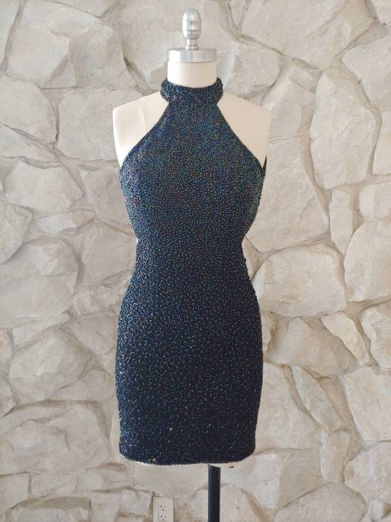 1990Er Jahre Vintage Perlen Seide Chiffon Mini Kleid Mit Neckholder Mock Neck Top | S von PratimaAnae