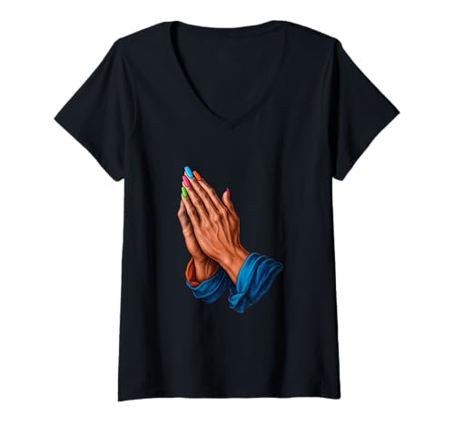 Damen Durer Praying Hands Reimagined mit Acrylnägeln T-Shirt mit V-Ausschnitt Damen Durer Praying Hands Reimagined mit Acrylnägeln T-Shirt mit V-Ausschnitt von Pray and Slay