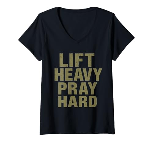 Damen Lift Heavy Pray Hard – Faith Meets Fitness T-Shirt mit V-Ausschnitt Damen Lift Heavy Pray Hard – Faith Meets Fitness T-Shirt mit V-Ausschnitt von Pray & Rep Apparel Co.