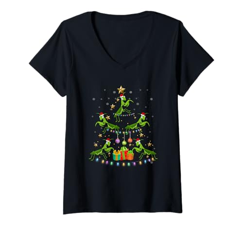 Damen Weihnachtsschmuck Betende Mantis, lustig, Insekten T-Shirt mit V-Ausschnitt Damen Weihnachtsschmuck Betende Mantis, lustig, Insekten T-Shirt mit V-Ausschnitt von Praying Mantis Christmas Tree Xmas Insects