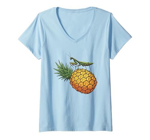 Damen Betende Mantis stehend auf Ananas lustig T-Shirt mit V-Ausschnitt Damen Betende Mantis stehend auf Ananas lustig T-Shirt mit V-Ausschnitt von Praying Mantis Pineapple Collection