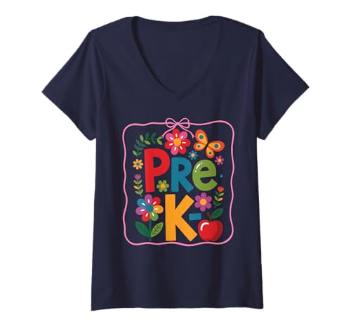 Damen Pre-K Kokette Schleife Blumen Schmetterling 1. Tag der Vorschule T-Shirt mit V-Ausschnitt von Pre-K Flowers Butterfly First Day of School