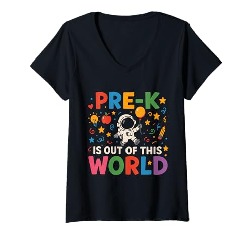 Damen Pre-K ist Nicht von Dieser Welt, Astronaut, Design für Kinder T-Shirt mit V-Ausschnitt von Pre-K Is Out of This World Kids Learning Fun