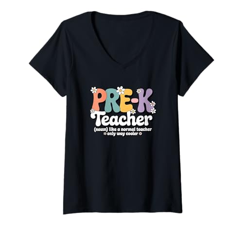 Damen Retro Groovy Pre-K Lehrer Frühe Kindheit Back to School T-Shirt mit V-Ausschnitt von Pre-K Teacher Apparel for Women & Men