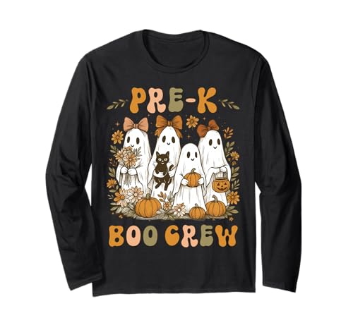 Pre K Boo Crew PreK Teacher Girl Halloween-Gespenst mit Blumenmuster Langarmshirt Pre K Boo Crew PreK Teacher Girl Halloween-Gespenst mit Blumenmuster Langarmshirt von Pre K Teacher Coquette Bow Pre-K Pre Kindergarten