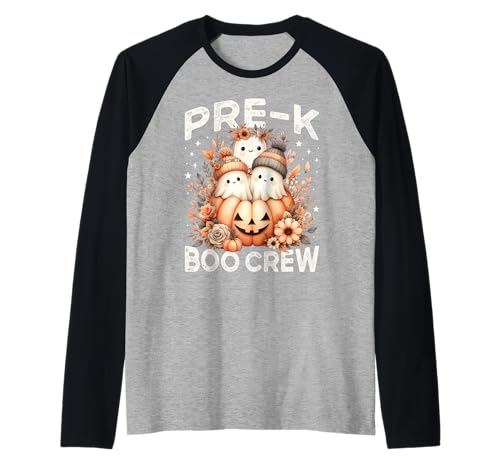 Pre K Boo Crew Groovy Halloween-Lehrerin Wildflower für Kinder, Damen Raglan von PreK Teacher Fall Halloween Floral Ghost Pumpkin