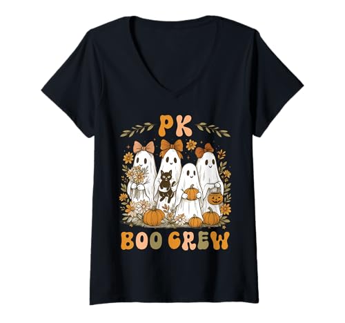 Damen PK Boo Crew Pre K Teacher Halloween Damen Kinder Floral Ghost T-Shirt mit V-Ausschnitt von PreK Teacher Wildflower Halloween Coquette Bow Kid