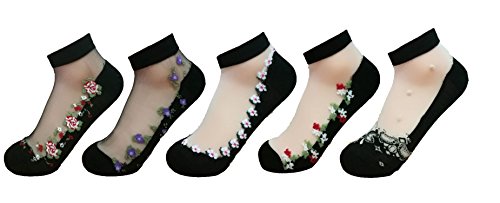 PreSox Frauen schiere transparente Spitze Stickerei Panel Crystal Bling-Bling Socken 5 Pack (Q) von Ulalaza