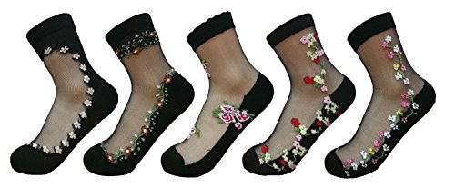 PreSox Frauen schiere transparente Spitze Stickerei Panel Crystal Bling-Bling Socken 5 Pack von Ulalaza