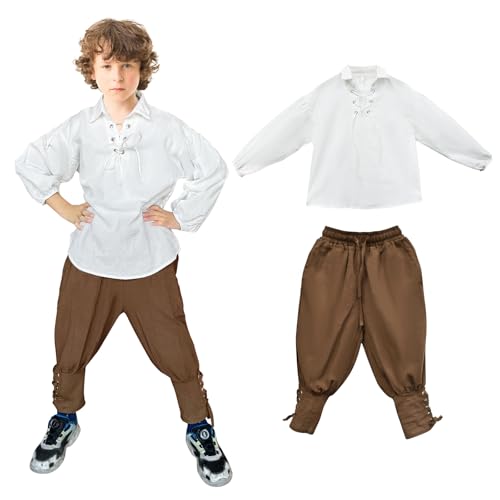 Jungen Mittelalterliche Piraten Set Shirt & Knöchel Hosen Kinder Renaissance Halloween Kostüm Schottische Jacobite Tops und Hosen (Weiß + Braun, 4-6T) von Prebene