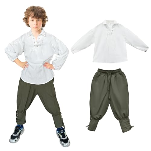 Jungen Mittelalterliche Piraten Set Shirt & Knöchel Hosen Kinder Renaissance Halloween Kostüm Schottische Jacobite Tops und Hosen (Weiß + Grün, 4-6T) von Prebene