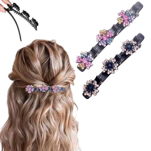 2 Stück glitzernde Kristallstein-Haarspangen, 2024 neue Satin-Haargummis, Strass, vierblättriges Kleeblatt, Haarspange zum Stylen, Entenschnabel-Clips für Damen und Mädchen von PreciRise