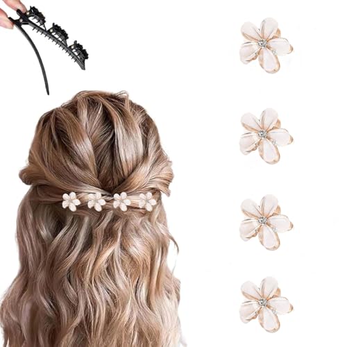 PreciRise Kleine Mini-Perlenklammern mit Blumen-Design, süße künstliche Pony-Clips, dekoratives Haar-Accessoire für Frauen und Mädchen, doppelseitige Blume, Farbe S, 4 Stück von PreciRise
