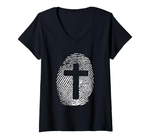 Damen Gebildet in seinem Bild von Jesus Kreuz Daumenabdruck Kunst T-Shirt mit V-Ausschnitt von Precious Glory Co