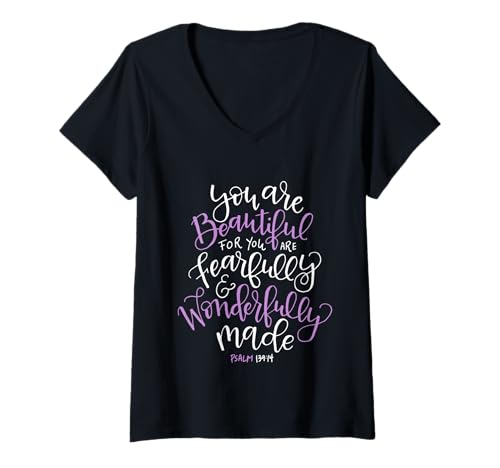 Damen Wunderbar furchtbar Wunderbar gemacht Psalm 139 14 T-Shirt mit V-Ausschnitt Damen Wunderbar furchtbar Wunderbar gemacht Psalm 139 14 T-Shirt mit V-Ausschnitt von Precious Glory Co