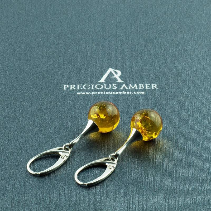 Klassisch Tropfen Lang Honig Bernstein Edelstein Sterling Silber Kleine Kugel Ohrringe Geschenk Damen | Große Zierliche Goldohrringe von PreciousAmber