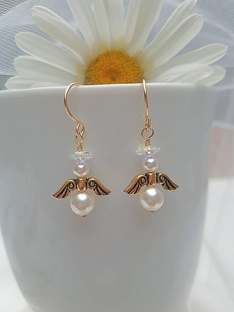 Kristall Perlen Engel Ohrringe Gold Filled Weihnachtsschmuck von PreciousJewelsBoutiq