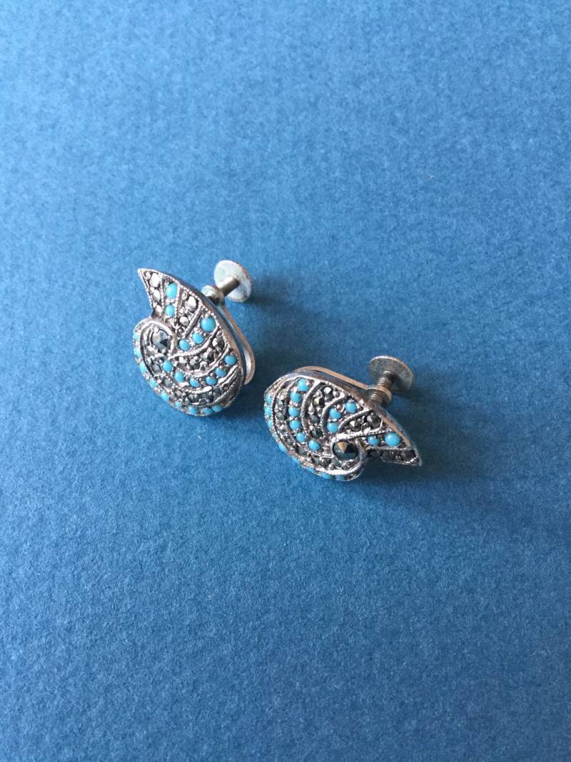 Markasit Und Türkis Ohrschmuck 1940 von Preciouspastevintage