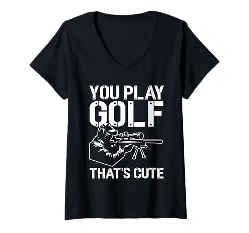 Damen Lustiges Sniper Golf Kontrast-Design T-Shirt mit V-Ausschnitt von Precision Humor Designs
