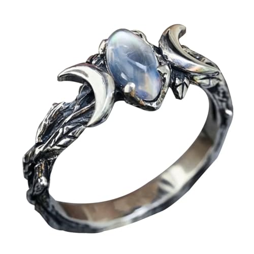 Pregeckit Böhmischer Dreifach-Mond-Göttin-Ring, Amulett, natürlicher Mondstein, Mondring, Wicca, heidnischer Schmuck für Damen, Kristall, 4-Krappenfassung Pregeckit Böhmischer Dreifach-Mond-Göttin-Ring, Amulett, natürlicher Mondstein, Mondring, Wicca, heidnischer Schmuck für Damen, Kristall, 4-Krappenfassung von Pregeckit