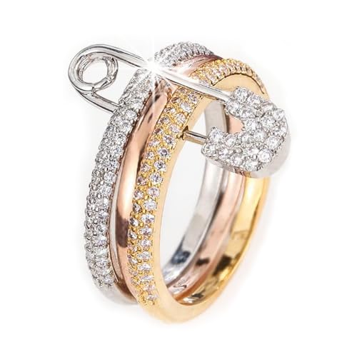 Pregeckit Modische Sicherheitsnadel, stapelbare Ringe für Damen, Zirkonia, Pavé-Fassung, mehrere Glieder, klobig, stapelbar, Schmuck, Geschenk (Silber und Gold, 7) von Pregeckit