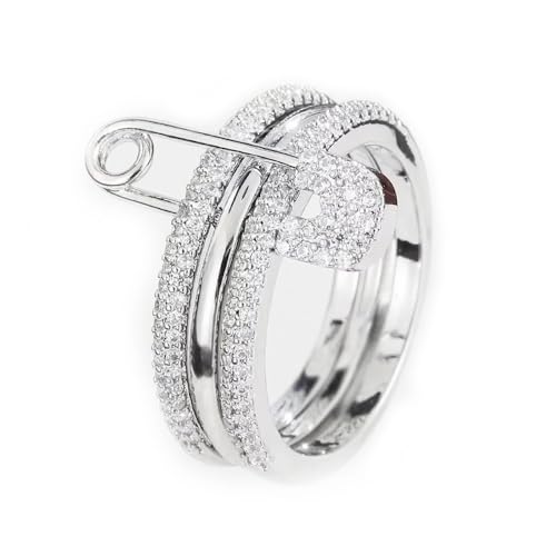 Pregeckit Modische Sicherheitsnadel, stapelbare Ringe für Damen, Zirkonia, gepflastert, mehrere Glieder, verbunden, Statement-Ringe, klobig, stapelbar, Schmuck, Geschenk (Silber, 10) von Pregeckit
