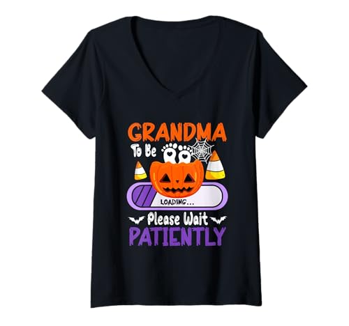 Damen Grandma to Be Loading Halloween Pumpkin Expecting New Baby T-Shirt mit V-Ausschnitt von Pregnancy Announcement Halloween Costume