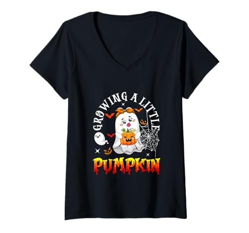 Damen Growing Little Halloween Pumpkin Boo Expecting New Baby T-Shirt mit V-Ausschnitt von Pregnancy Announcement Halloween Costume