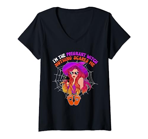 Damen I'm Pregnant Witch Nothing Scares Me Costume Expecting Baby T-Shirt mit V-Ausschnitt von Pregnancy Announcement Halloween Costume