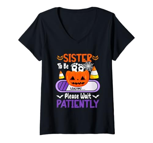 Damen Sister to Be Loading Halloween Pumpkin Expecting New Baby T-Shirt mit V-Ausschnitt von Pregnancy Announcement Halloween Costume