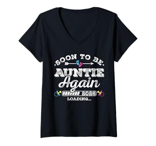 Damen Soon to Be Auntie Again 2026 Loading Schwangerschaftsankündigung T-Shirt mit V-Ausschnitt Damen Soon to Be Auntie Again 2026 Loading Schwangerschaftsankündigung T-Shirt mit V-Ausschnitt von Pregnancy Announcement Loading for Matching Family