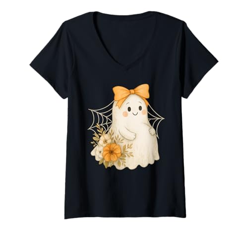 Damen Aquarell Floral Schwangere Geist Halloween Ästhetik T-Shirt mit V-Ausschnitt von Pregnant Mom Ghost Halloween Outfit
