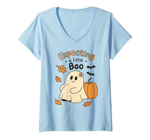 Damen Expecting a Little Ghost Schwangerschaftsankündigung Frauen T-Shirt mit V-Ausschnitt von Pregnant Mom Ghost Halloween Outfit