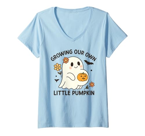 Damen Growing Our Own Little Pumpkin Ghost Schwangerschaft Halloween T-Shirt mit V-Ausschnitt von Pregnant Mom Ghost Halloween Outfit
