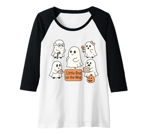 Damen Little Boo on The Way Süße Geisterschwangerschaft enthüllt Mama Raglan von Pregnant Mom Ghost Halloween Outfit
