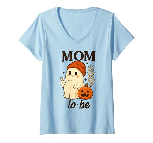 Damen Mom to Be Peace Zeichen Geist mit Kürbis Herbst Frauen T-Shirt mit V-Ausschnitt von Pregnant Mom Ghost Halloween Outfit