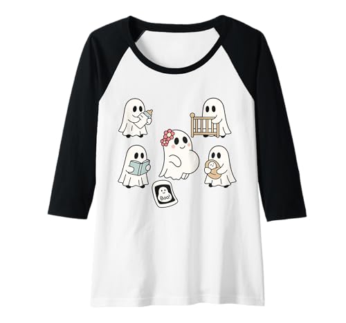 Damen Niedliche Geisterfamilie Halloween enthüllt Schwangere Mutter Raglan von Pregnant Mom Ghost Halloween Outfit