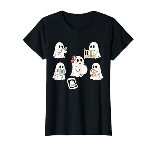 Damen Niedliche Geisterfamilie Halloween enthüllt Schwangere Mutter T-Shirt von Pregnant Mom Ghost Halloween Outfit