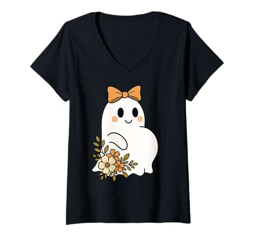 Damen Niedlicher schwangerer Geist mit Blumen Halloween T-Shirt mit V-Ausschnitt von Pregnant Mom Ghost Halloween Outfit
