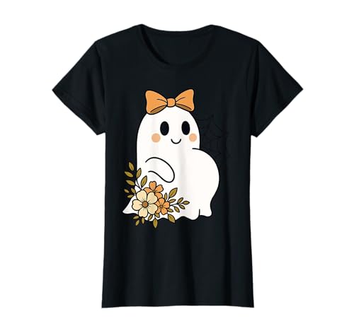 Damen Niedlicher schwangerer Geist mit Blumen Halloween T-Shirt von Pregnant Mom Ghost Halloween Outfit