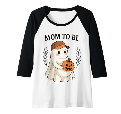 Damen Süße Halloween-Enthüllung von Mama to Be Ghost with Pumpkin Raglan von Pregnant Mom Ghost Halloween Outfit