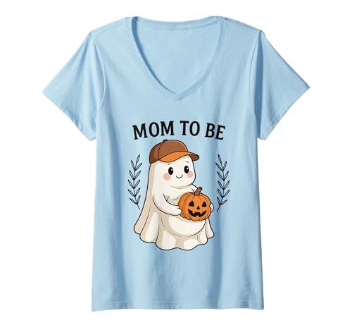 Damen Süße Halloween-Enthüllung von Mama to Be Ghost with Pumpkin T-Shirt mit V-Ausschnitt von Pregnant Mom Ghost Halloween Outfit