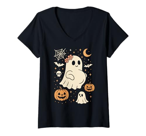 Damen Süßer schwangerer Geist mit Kürbissen Halloween Outfit T-Shirt mit V-Ausschnitt von Pregnant Mom Ghost Halloween Outfit